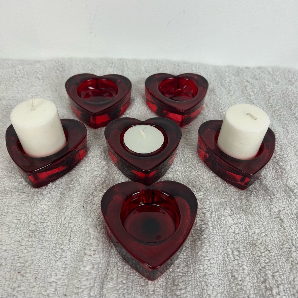 6 - Heart-Shaped Red Glass Candle Holders